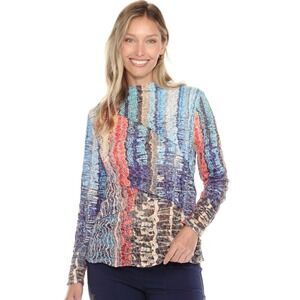 Carine Top Womens M Blue Long Sleeve Mock Neck Asymmetrical Packable Burnout Art